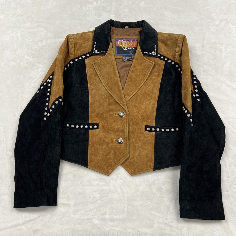Cripple Creek Suede Leather Jacket Womens Medium Tan Black Studded Western Star